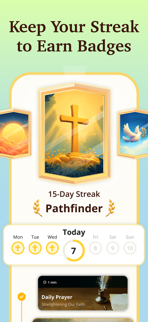 Interface de l'application Bible Path affichant des badges de réussite pour une série de prières de 15 jours et un suivi des progrès quotidiens.