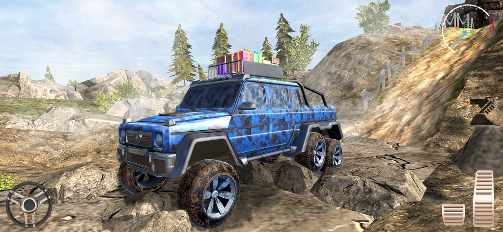 Offroad Master-4x4 Mud Driving - 산악 트랙에서 바위 위를 달리는 파란색 6x6 오프로드 트럭.