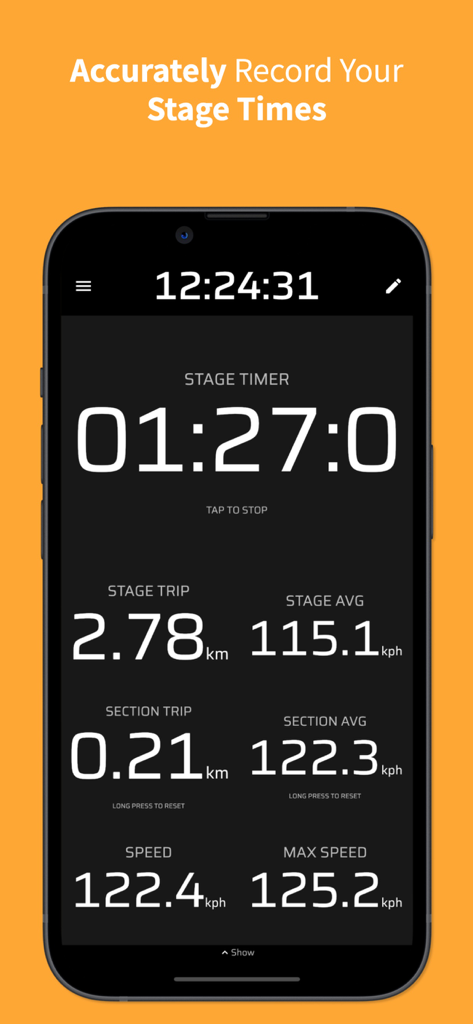 Rally Tripmeter - Rally Tripmeter app interface showing stage timer trip distance and speed metrics