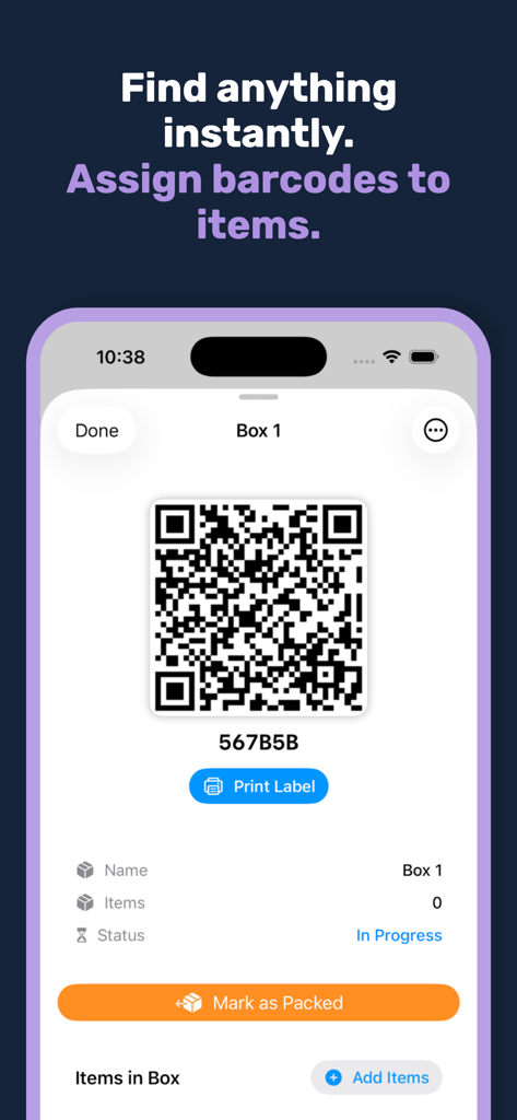 ItemMind – Home Inventory - ItemMind app screen displaying a QR code for a storage box with a print label button and packing status tracker.