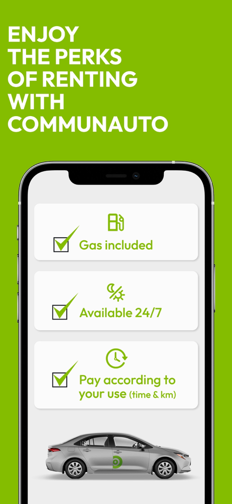 Communauto - Communauto app screen highlighting perks: gas included, 24/7 availability, and pay-per-use pricing.