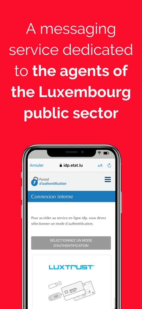 Luxchat4Gov - A red background with white text describing Luxchat4Gov as a messaging service for Luxembourg public sector agents, shown above a smartphone displaying a secure LuxTrust login screen.