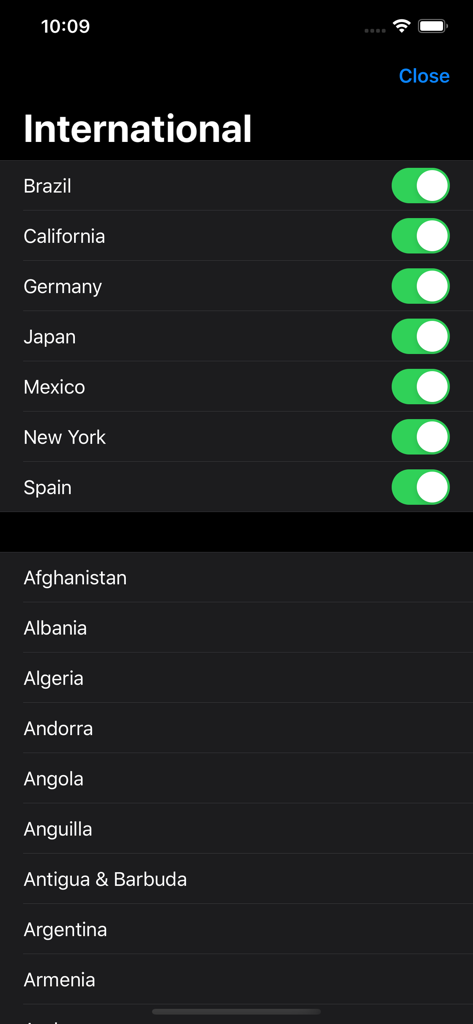 RadioApp - A Simple Radio App - International country selection list with toggle switches in the RadioApp settings menu.