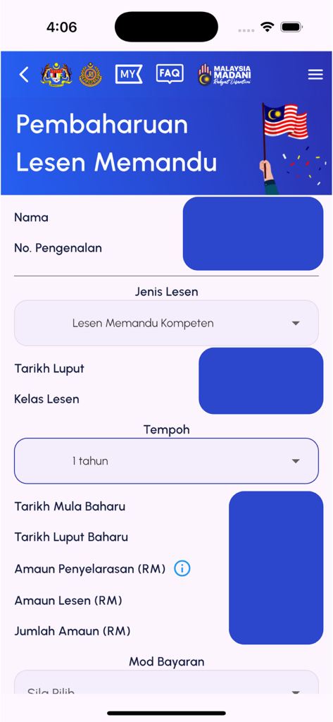 A mobile screen from the MyJPJ app showing a form for renewing a Malaysian driving license.