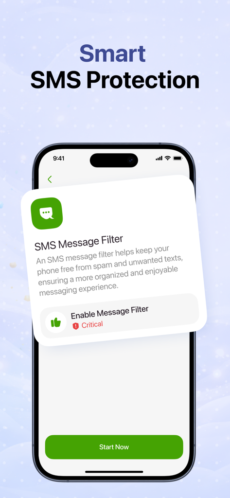 A screenshot of the Mobile Security app showing the Smart SMS Protection feature with an option to enable the SMS Message Filter.