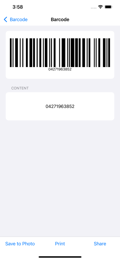 Screen displaying a scanned barcode with its numerical content and action buttons for saving printing and sharing