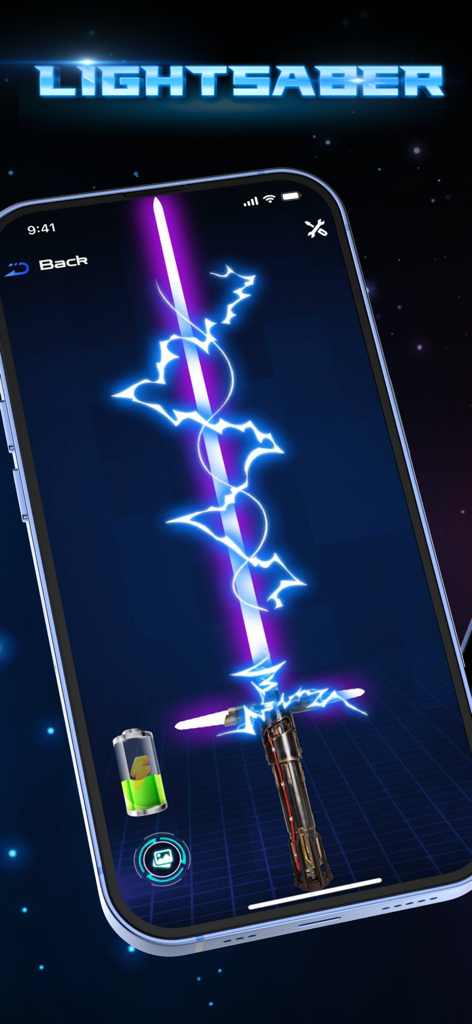 A purple lightsaber with blue lightning sparks on a smartphone screen