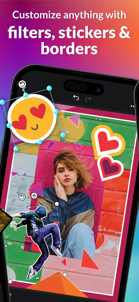 piZap: Design & Edit Photos - Pantalla móvil que muestra el editor de fotos de piZap con pegatinas coloridas y filtros creativos.