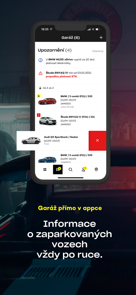 Auto Kelly mobile app screen showing a virtual garage with vehicle maintenance alerts and a list of parked cars