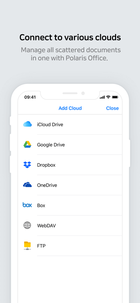 Polaris Office Mobile-Oberfläche zum Verbinden mehrerer Cloud-Speicherdienste, einschließlich iCloud, Google Drive und Dropbox