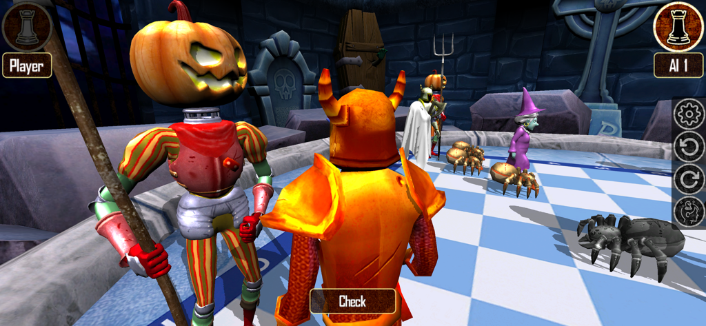 Warrior Chess - 3D chess gameplay featuring Halloween themed characters and a spooky graveyard setting