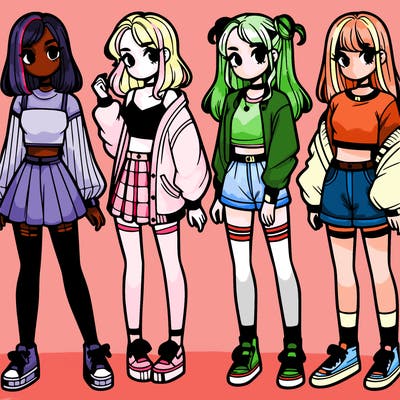 one girl with crop-top shirt and a jacket with a skirt, long socks and another girl with a shirt and pants with a jacket