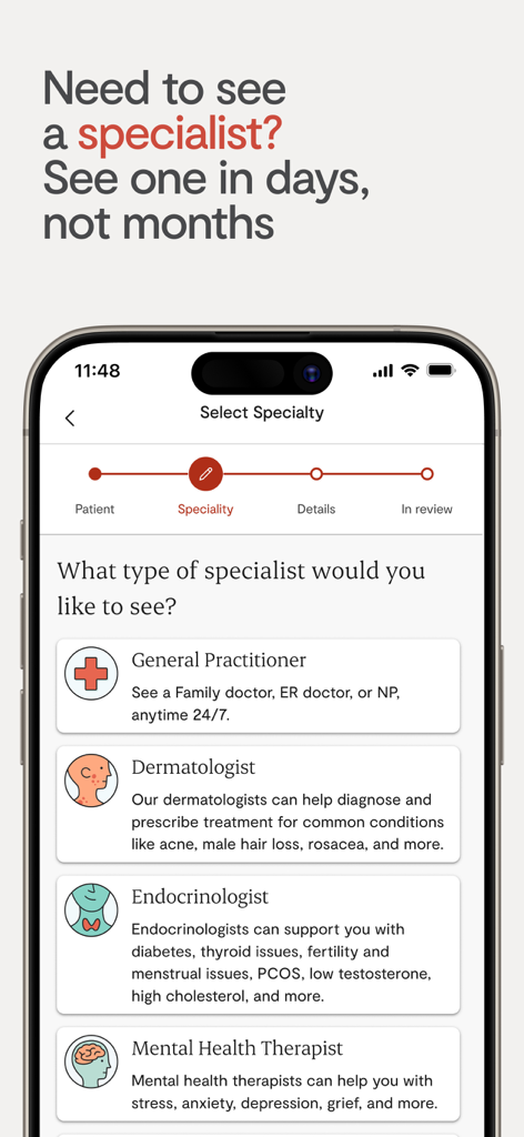 Maple app interface showing a list of medical specialists including general practitioners and dermatologists