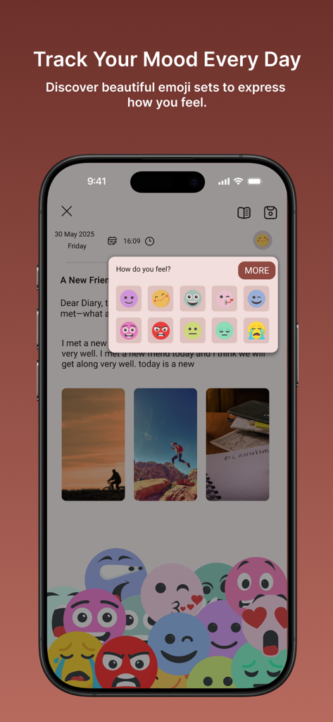 Daynote : Diary with Password - Daynote app mood tracking interface with various emoji options