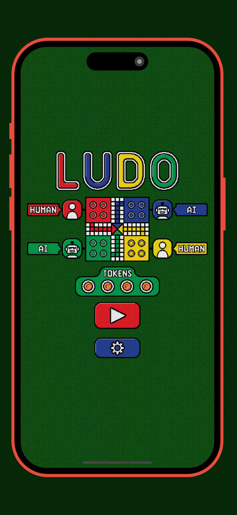 Menú principal del juego móvil Ludo Classic King que muestra opciones para jugadores humanos e IA en un fondo verde.