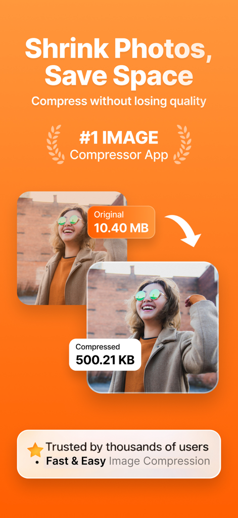 Photo Compressor: Resize MB - Photo Compressor app interface demonstrating image size reduction from 10.40MB to 500.21KB to save storage space.