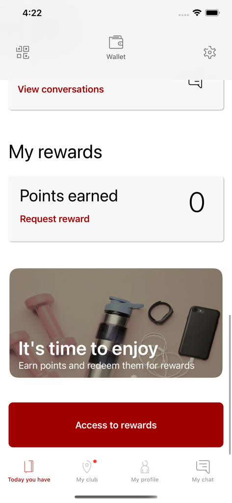 Qivox Smart Gym App Belohnungs-Dashboard mit gesammelten Punkten und Schaltfläche zum Zugriff auf Belohnungen.