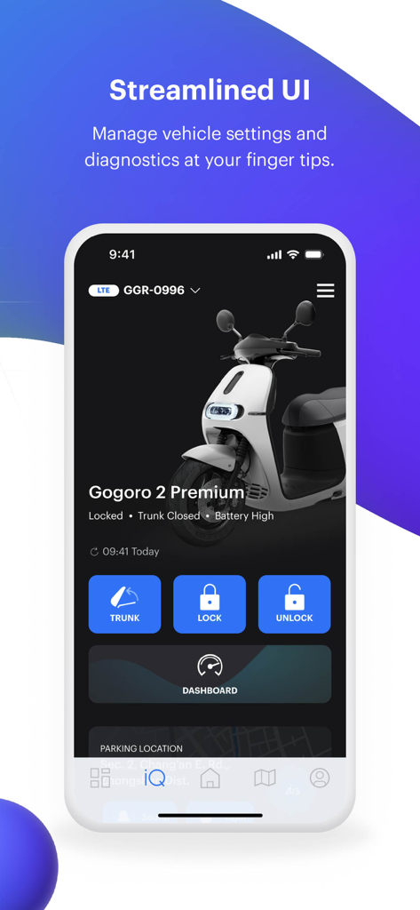 Gogoro® - Gogoro mobile app interface displaying vehicle status and control buttons for locking unlocking and opening the trunk
