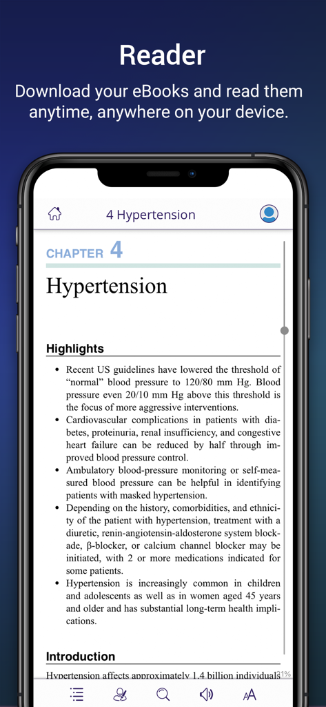 AAO eBooks - AAO eBooks app interface displaying a medical textbook chapter on hypertension
