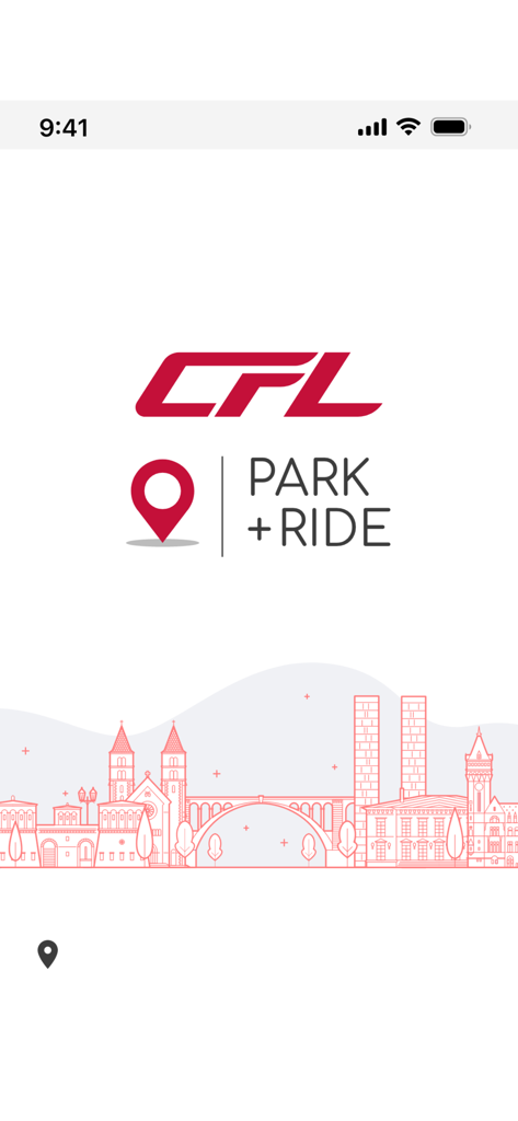 Pantalla de inicio de la aplicación móvil P+R CFL con el logotipo de la empresa y una ilustración estilizada del horizonte de la ciudad