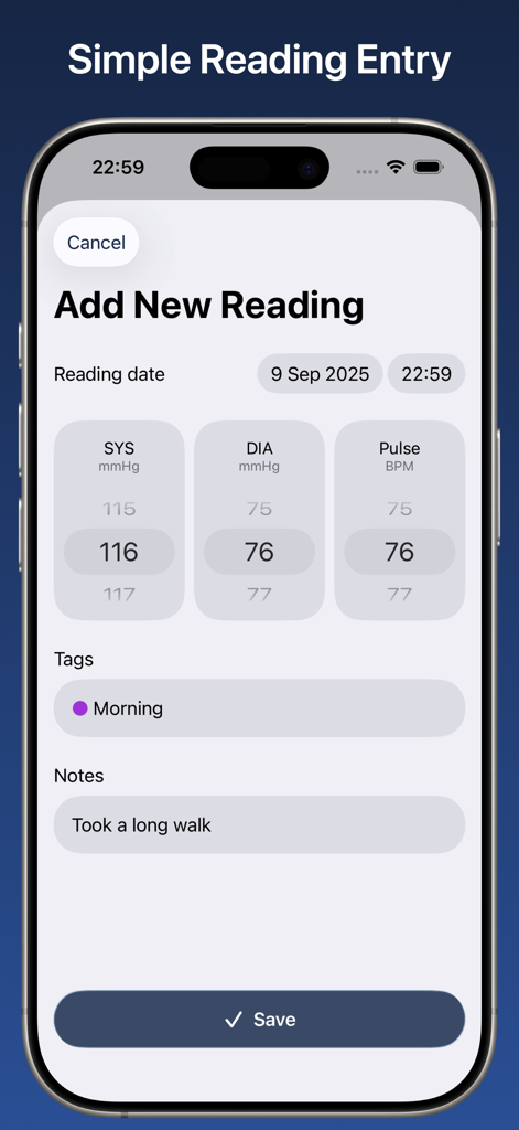 Blood Pressure Monitor Connect - Una pantalla que muestra la interfaz simple de entrada de lecturas para datos de presión arterial sistólica, diastólica y pulso