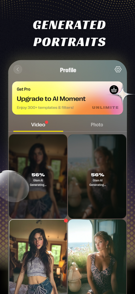 AI PhotoVibe: AI Video Maker - Interface do aplicativo móvel AI PhotoVibe mostrando uma tela de perfil com uma grade de retratos femininos gerados por IA e um banner de upgrade premium.