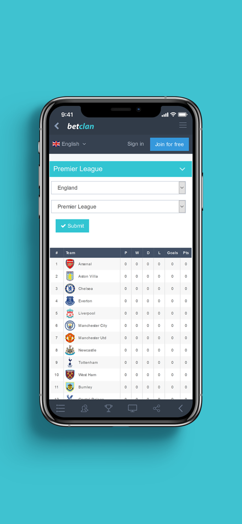 BetClan mobile app displaying English Premier League soccer standings and team statistics.