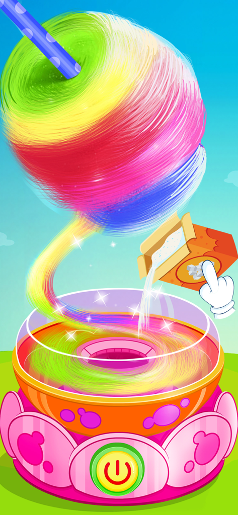 Unicorn Cooking Girl Games App - A vibrant rainbow cotton candy being spun in a magical kitchen machine within a children's game.