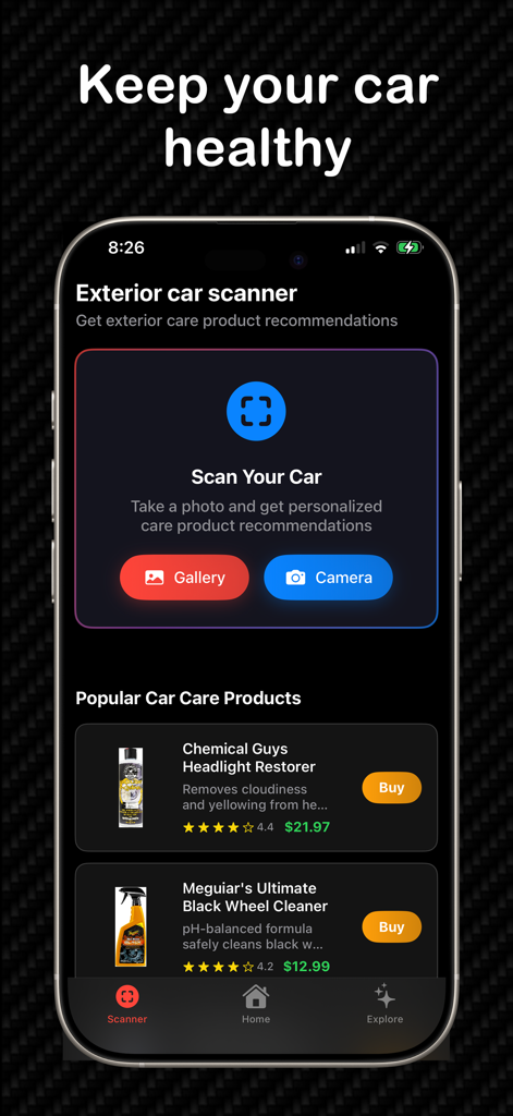 AutoLab - Customize Your Car - AutoLab app screen featuring an exterior car scanner tool and recommended car maintenance products like headlight restorer.