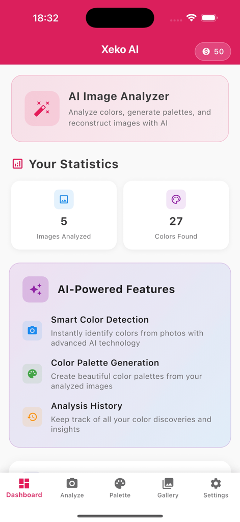 Xeko - Xeko AI color analyzer app dashboard showing user statistics and a list of AI powered features
