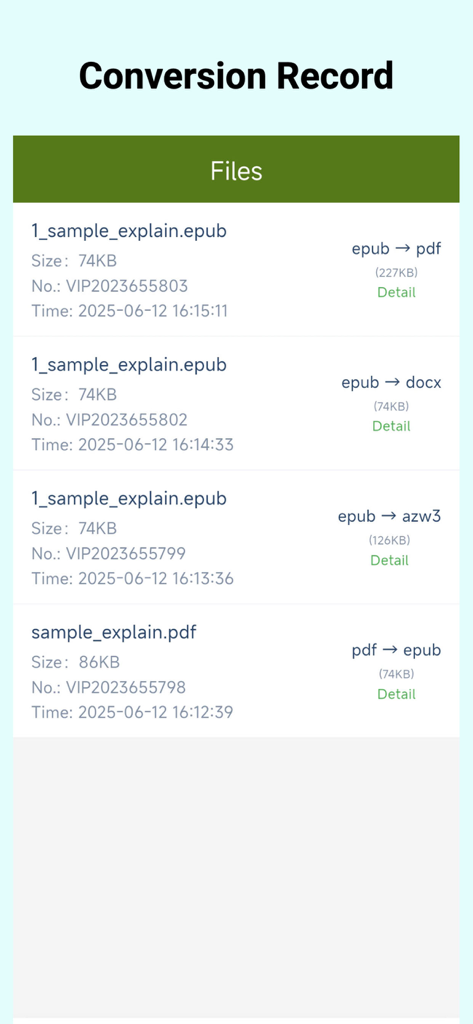 Ebook Formats Converter - App screen displaying a list of converted ebook files and their format transitions