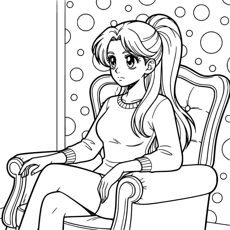 a young woman with a ponytail sitting on a comfy vintage chair, polka dot walls behind her while she's thinking