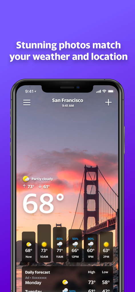 Yahoo Weather - Yahoo Weather app displaying San Francisco forecast with a scenic background photo of the Golden Gate Bridge