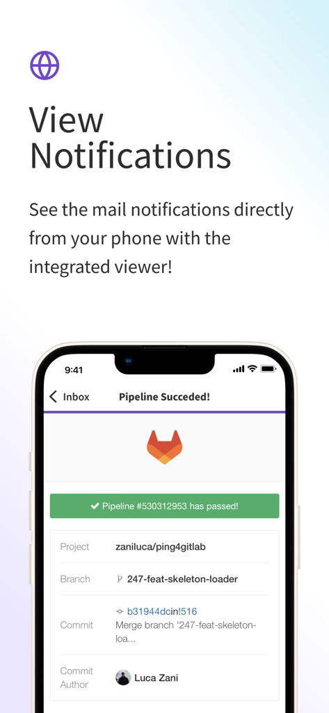 Ping For Gitlab - Interfaz de la aplicación Ping For Gitlab mostrando una notificación de pipeline exitosa con detalles del proyecto y la rama.