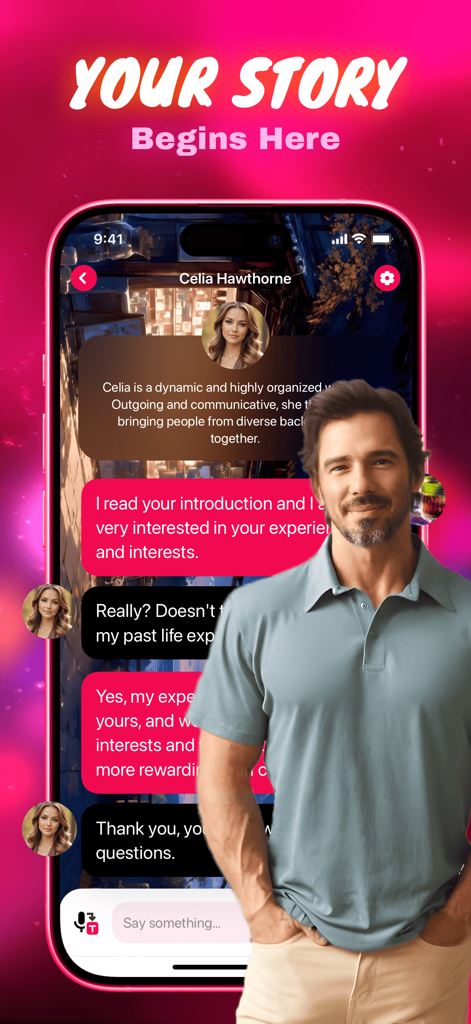 Lukin - Chat & Bliss - Lukin app screenshot showing a chat interface with AI character Celia Hawthorne and the headline Your Story Begins Here