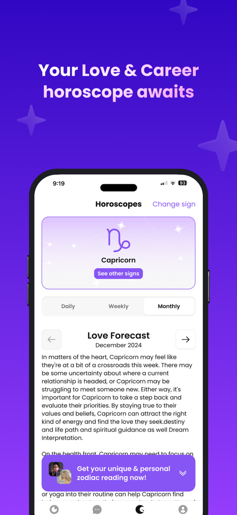 Purple Garden Psychic Reading - Monthly love and career horoscope for Capricorn in the Purple Garden app