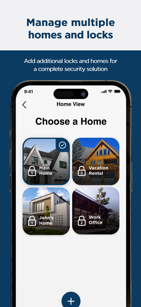 L'interface de l'application Weiser montrant les options de gestion de plusieurs propriétés, y compris une maison principale et une location de vacances