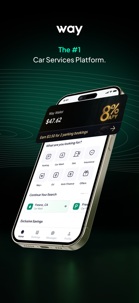 Way - #1 Car Services App - Way app home screen displaying various car services including parking gas and car wash along with wallet balance and APY