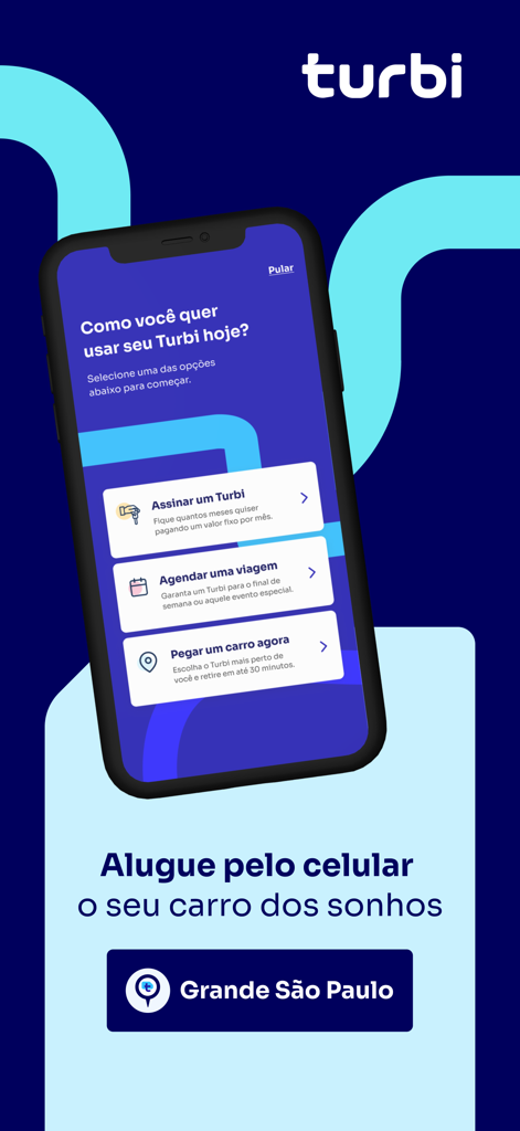 Smartphone screen displaying the Turbi app with digital car rental and subscription options.