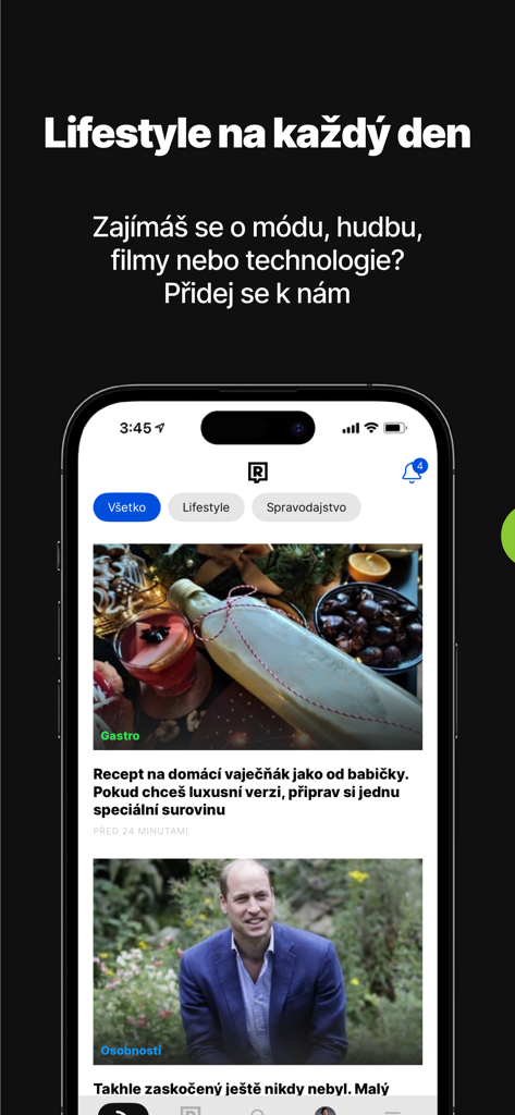 Ecrã da app Refresher Cesko mostrando um feed de artigos de lifestyle e notícias com tema de modo escuro
