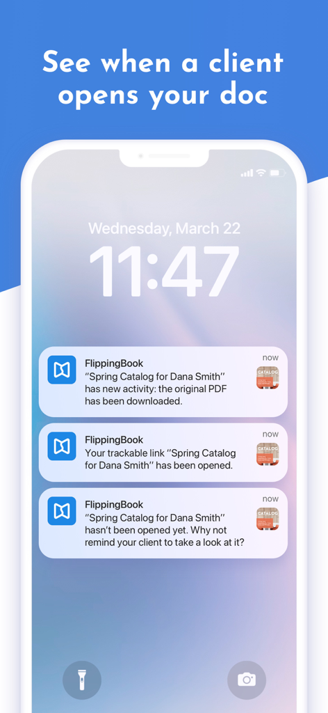 iPhone lock screen showing FlippingBook push notifications for document tracking and client engagement
