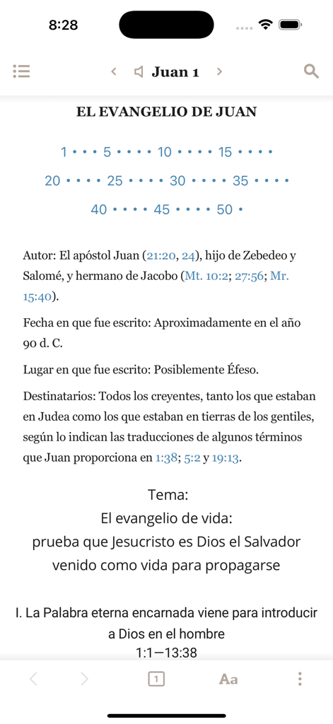 Página introductoria del Evangelio de Juan en la aplicación móvil Santa Biblia Versión Recobro