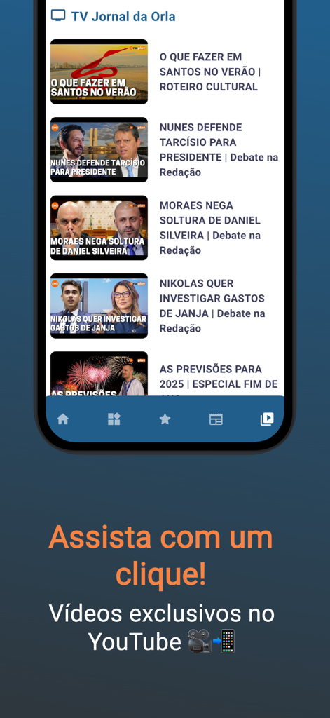 Jornal da Orla - Jornal da Orlaアプリ画面にニュースビデオのリストとYouTube統合バナーが表示されている。