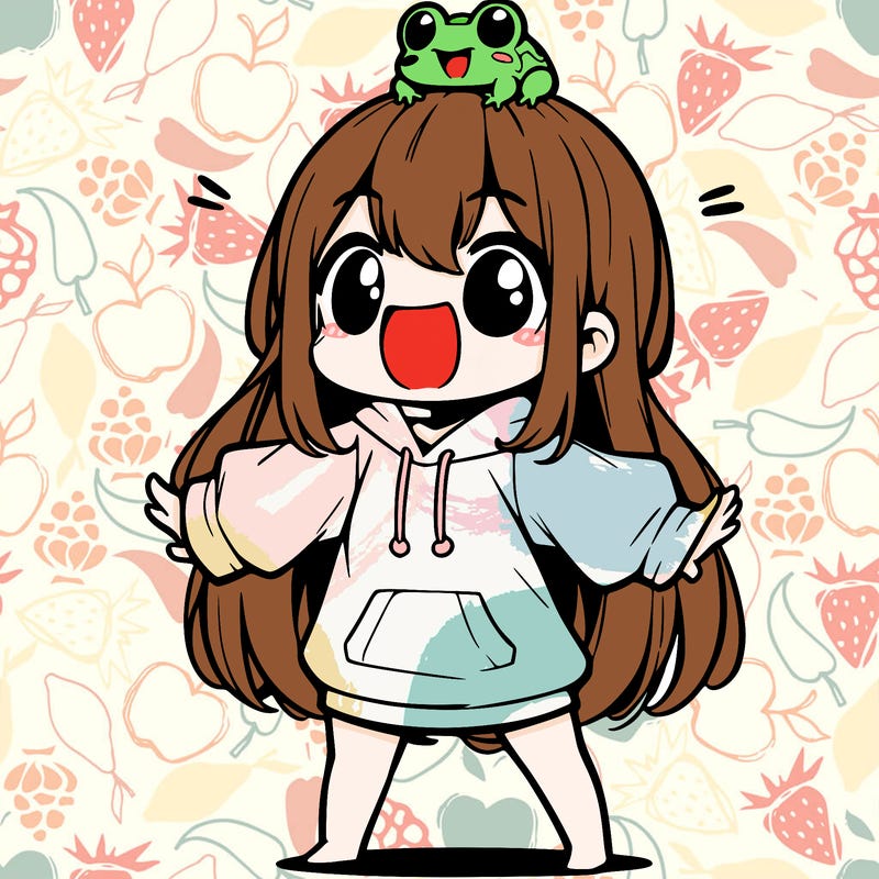 a excited chibi girl whith long hair and a baggy shirt whith a frog on there head