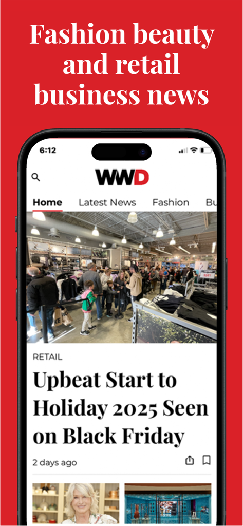 WWD: Women's Wear Daily - Smartphone screen showing the WWD app with fashion and retail business news headlines