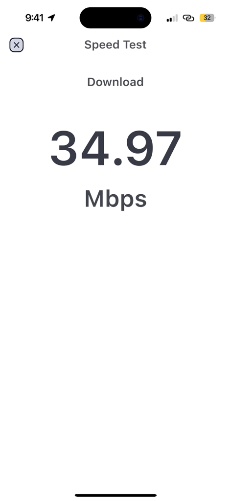 34.97 Mbpsのダウンロード結果を示すWiFiスピードテストのインターフェース