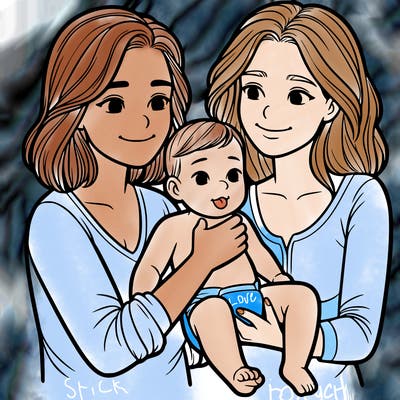 two realistic women holding one baby together