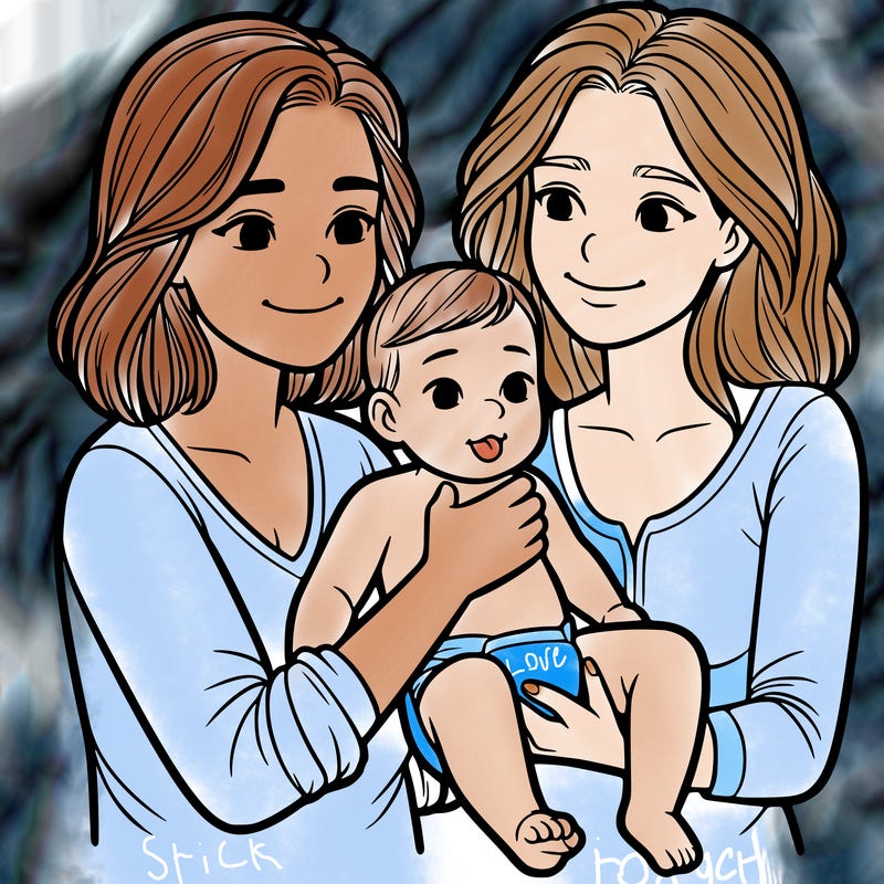 two realistic women holding one baby together
