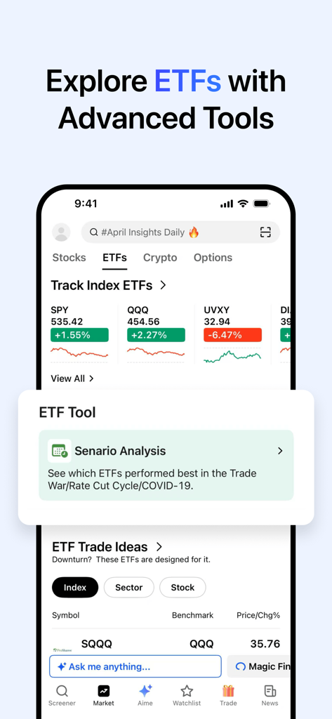 Stock Screener, AI Scanner - アクティブ投資家向けの ETF 追跡ツールとシナリオ分析を表示する Ainvest モバイルアプリのインターフェース