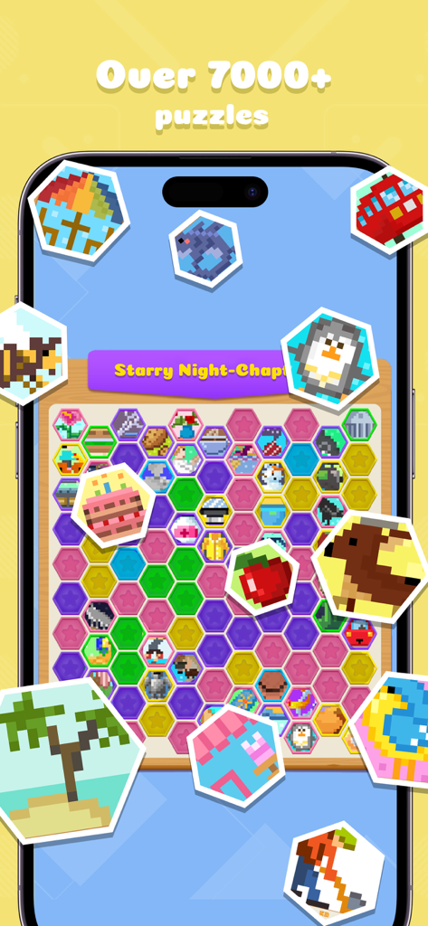 Nonogram - Jigsaw Number Game - Mobile game screen showing a collection of pixel art icons and the text Over 7000 puzzles